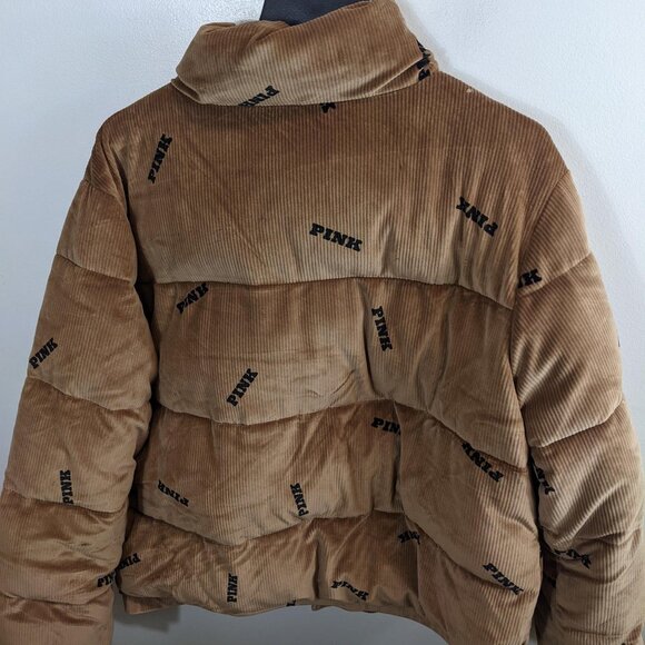 Victoria Secret PINK Puffer Jacket Coat Tan w/ Pink Spell Out Size XL - Picture 2 of 5